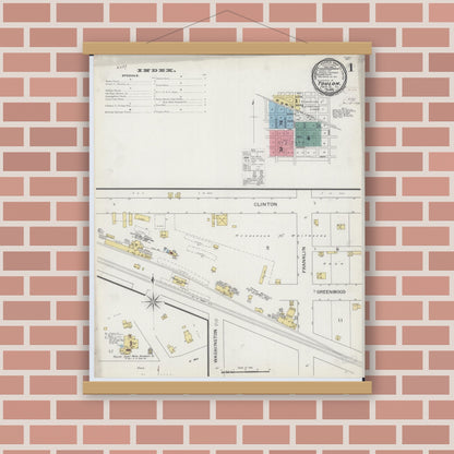 Old map wall art mockup — magnetic wood frame on brick wall — Sanborn Fire Insurance Map from Toulon, Stark County, Illinois (1893), Sheet #0001