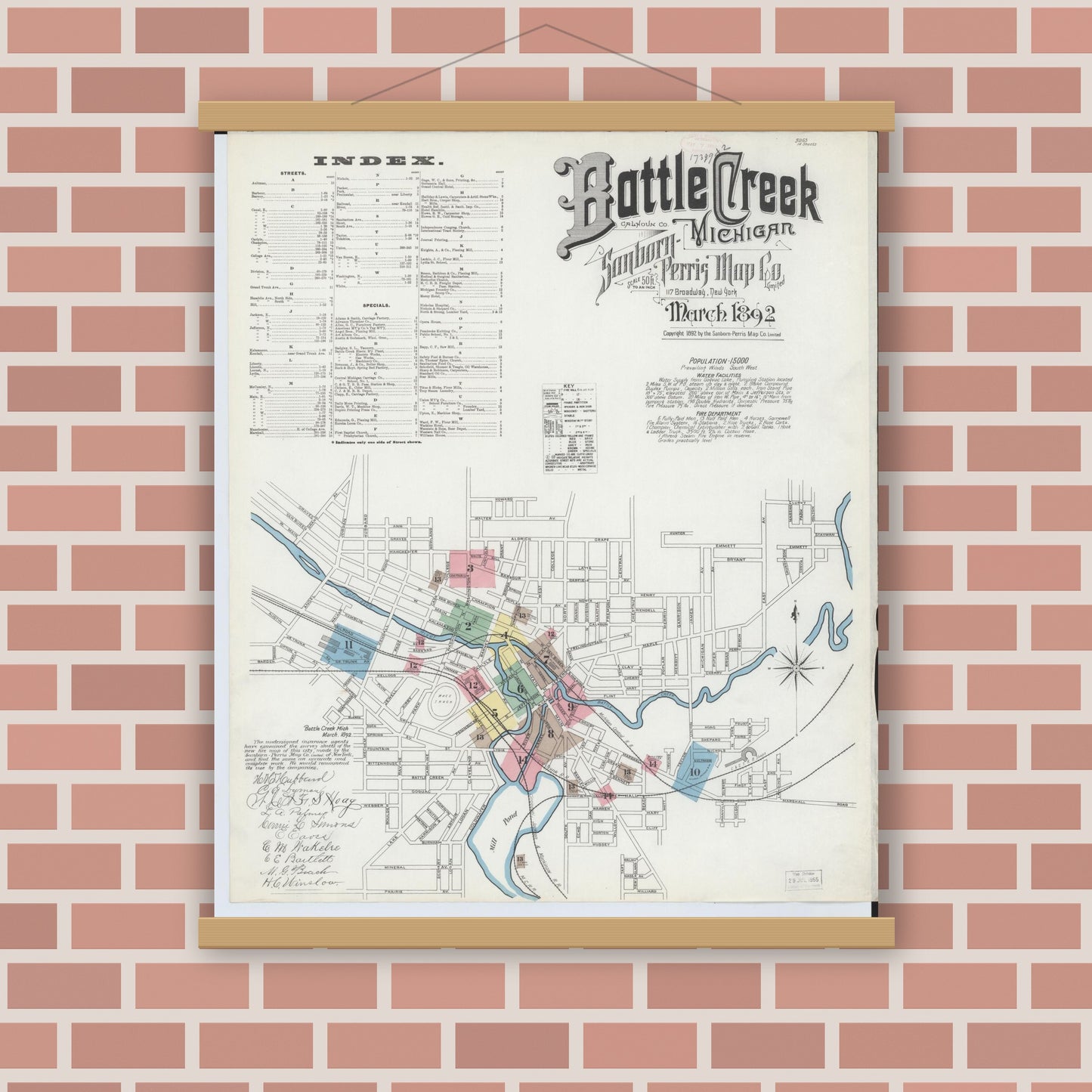 Old map wall art mockup — magnetic wood frame on brick wall — Sanborn Fire Insurance Map from Battle Creek, Calhoun County, Michigan (1892) - Complete Map Set