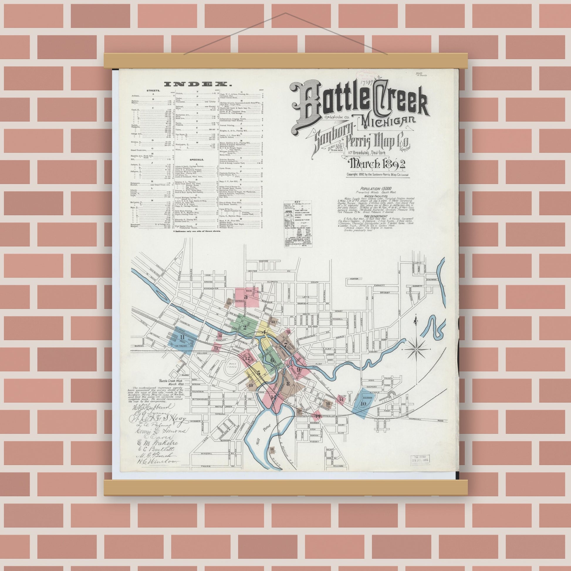 Old map wall art mockup — magnetic wood frame on brick wall — Sanborn Fire Insurance Map from Battle Creek, Calhoun County, Michigan (1892) - Complete Map Set