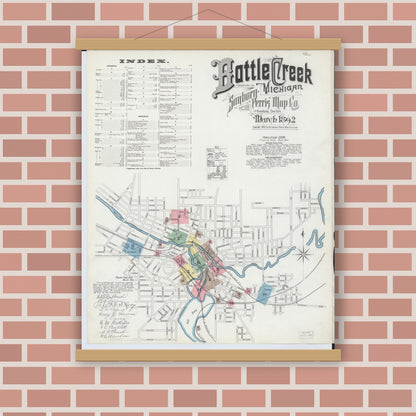 Old map wall art mockup — magnetic wood frame on brick wall — Sanborn Fire Insurance Map from Battle Creek, Calhoun County, Michigan (1892) - Complete Map Set