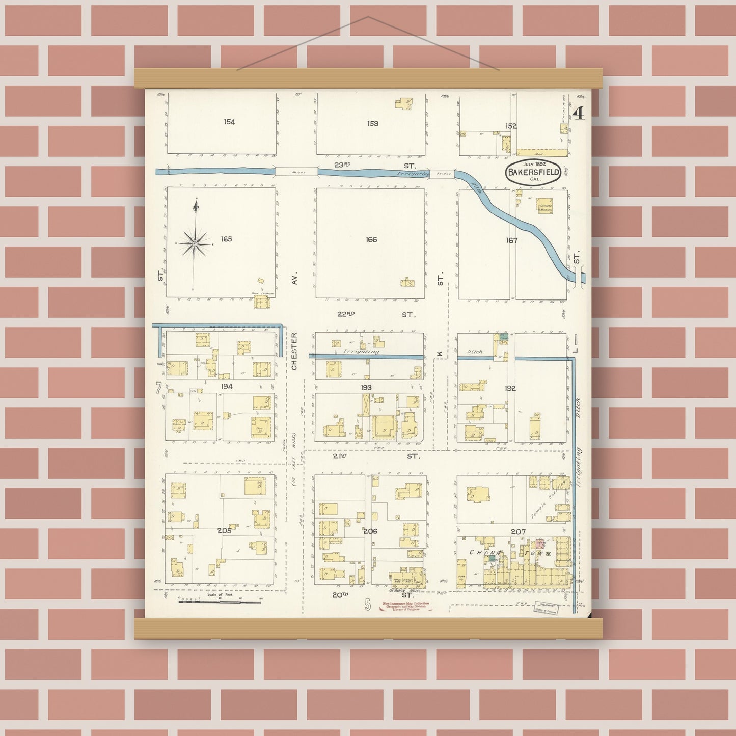 Old map wall art mockup — magnetic wood frame on brick wall — Sanborn Fire Insurance Map from Bakersfield, Kern County, California (1892), Sheet #0004