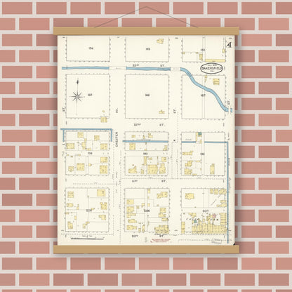 Old map wall art mockup — magnetic wood frame on brick wall — Sanborn Fire Insurance Map from Bakersfield, Kern County, California (1892), Sheet #0004