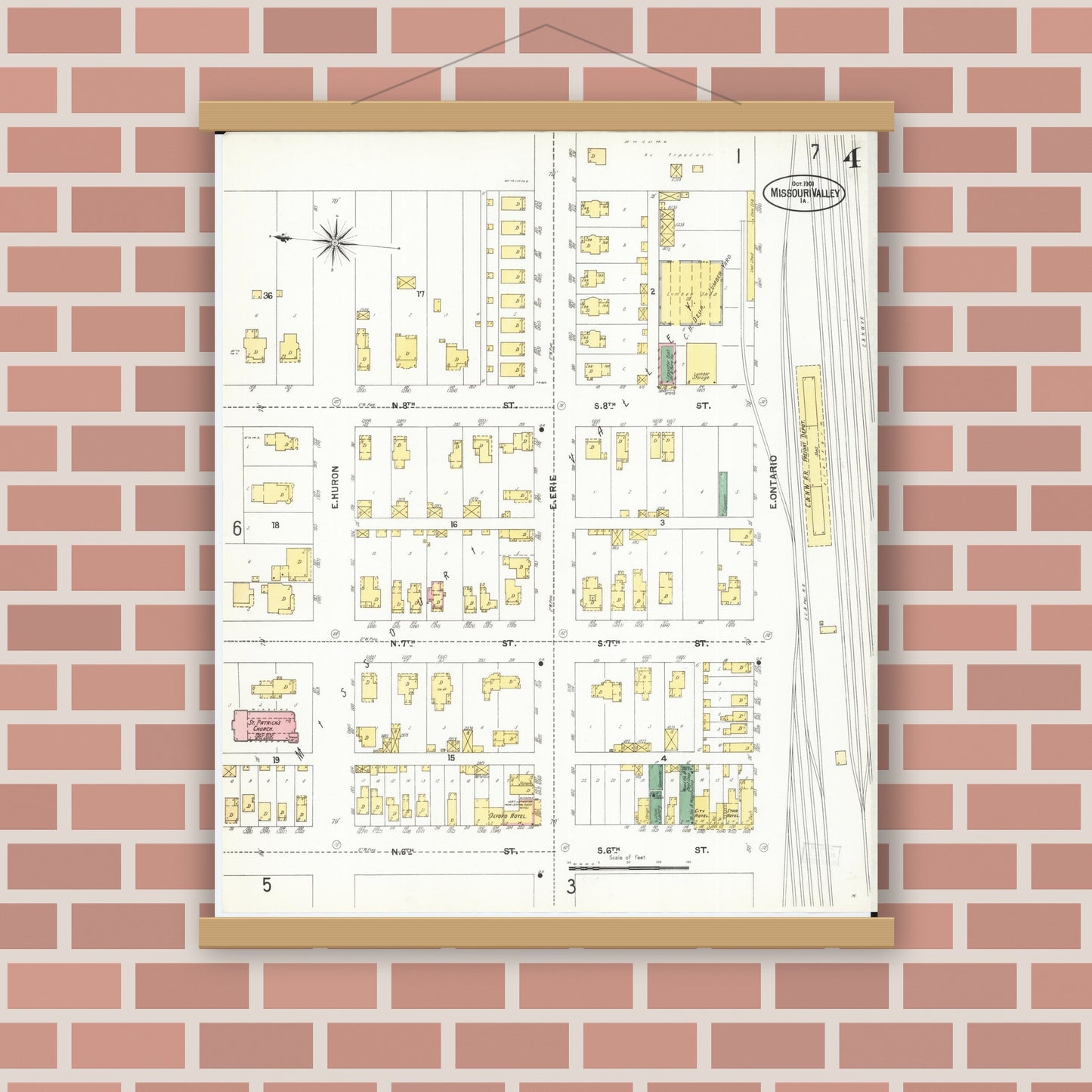 Old map wall art mockup — magnetic wood frame on brick wall — Sanborn Fire Insurance Map from Missouri Valley, Harrison County, Iowa (1901), Sheet #0004