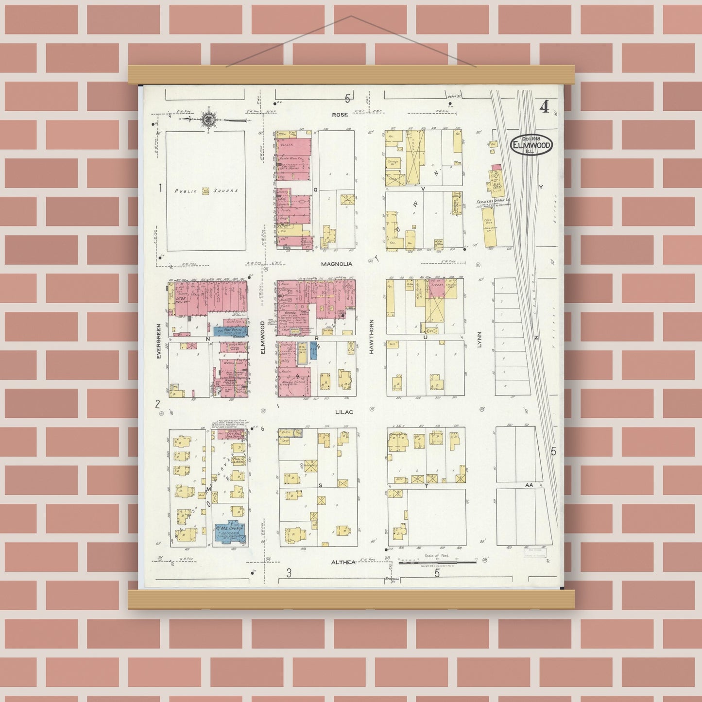 Old map wall art mockup — magnetic wood frame on brick wall — Sanborn Fire Insurance Map from Elmwood, Peoria County, Illinois (1918), Sheet #0004