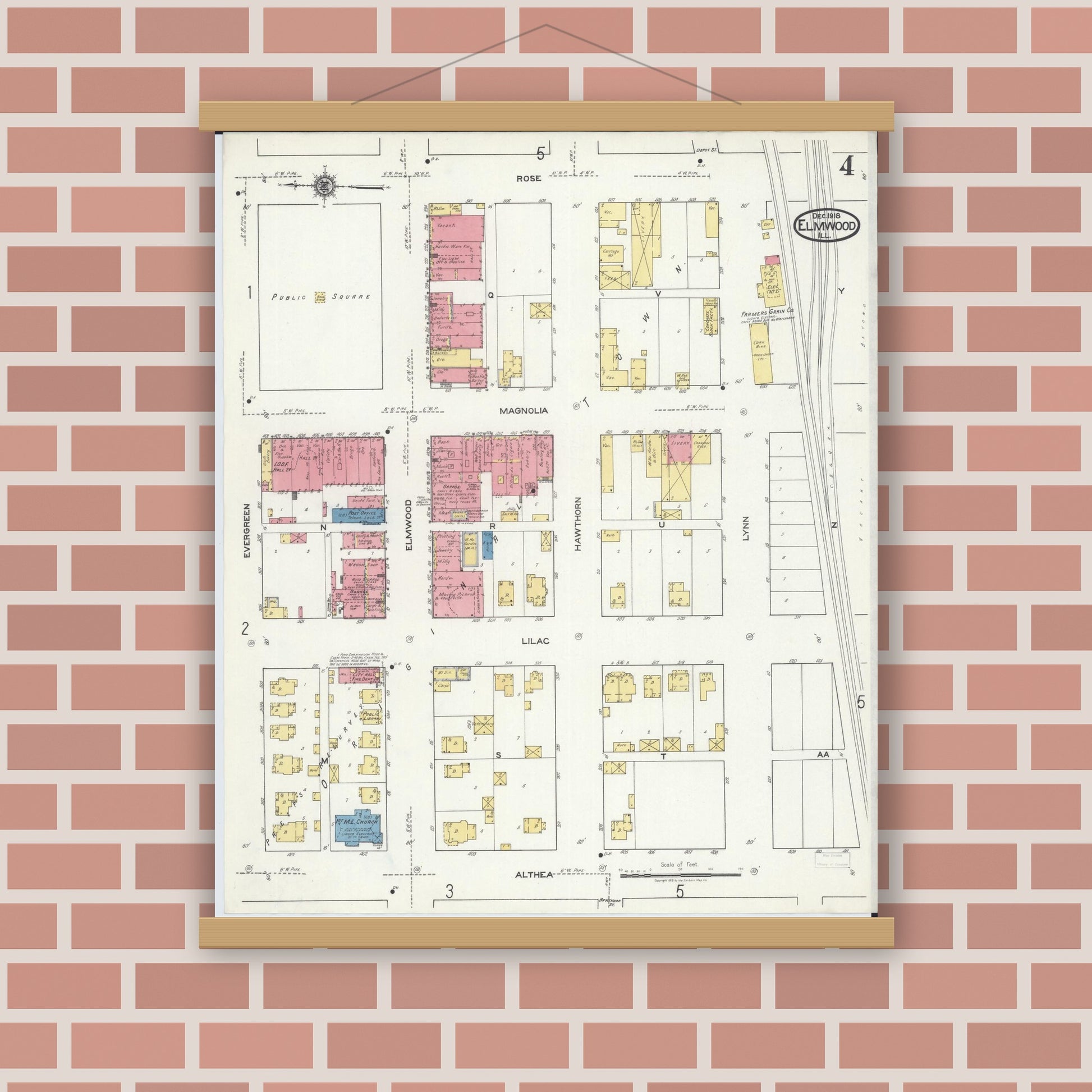 Old map wall art mockup — magnetic wood frame on brick wall — Sanborn Fire Insurance Map from Elmwood, Peoria County, Illinois (1918), Sheet #0004