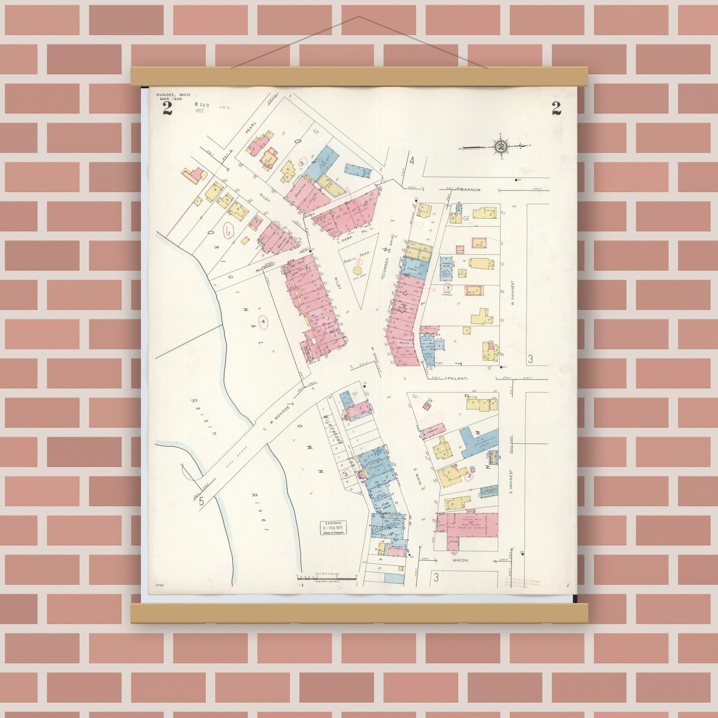 Old map wall art mockup — magnetic wood frame on brick wall — Sanborn Fire Insurance Map from Dundee, Monroe County, Michigan (1949), Sheet #0002