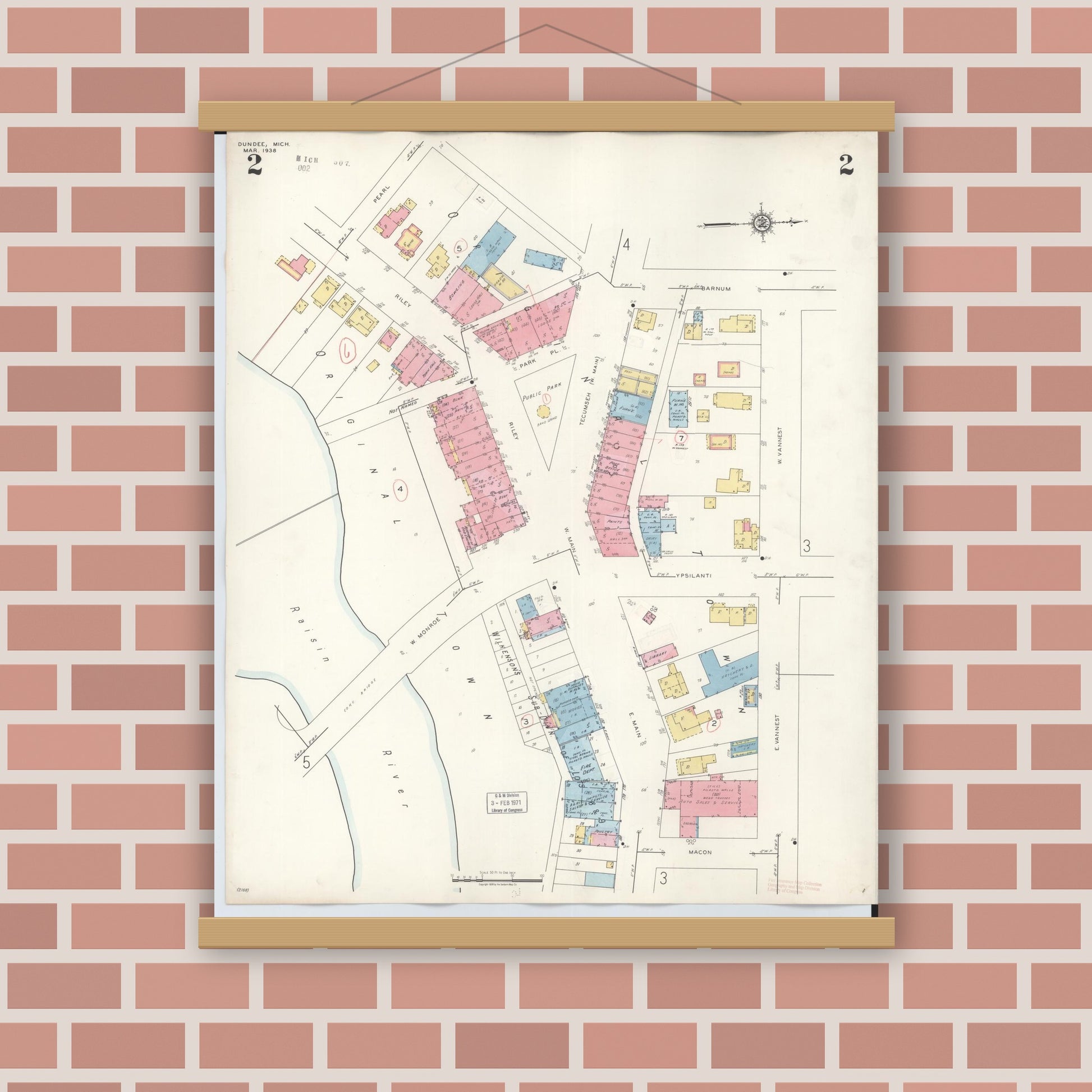 Old map wall art mockup — magnetic wood frame on brick wall — Sanborn Fire Insurance Map from Dundee, Monroe County, Michigan (1949), Sheet #0002