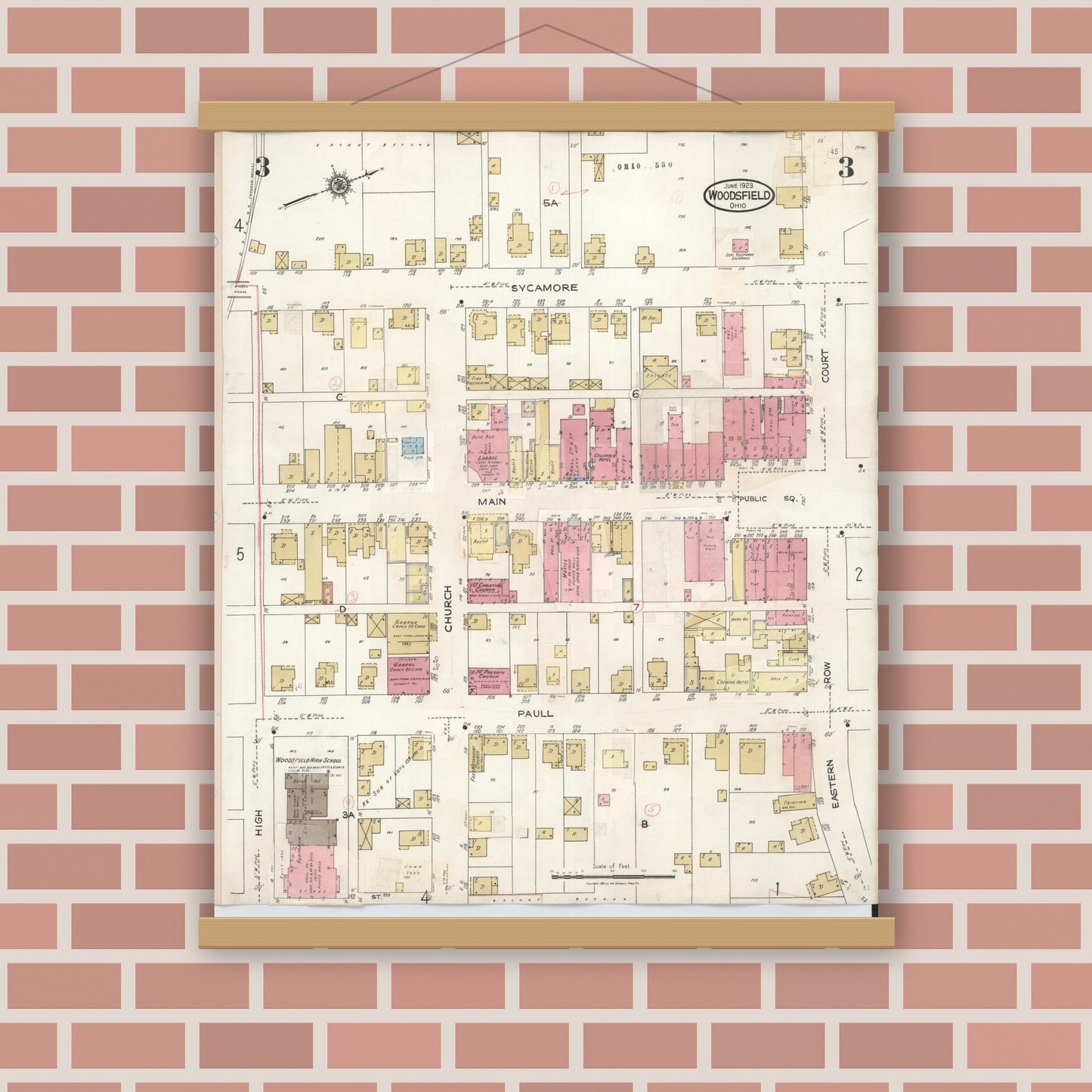 Old map wall art mockup — magnetic wood frame on brick wall — Sanborn Fire Insurance Map from Woodsfield, Monroe County, Ohio (1949), Sheet #0003