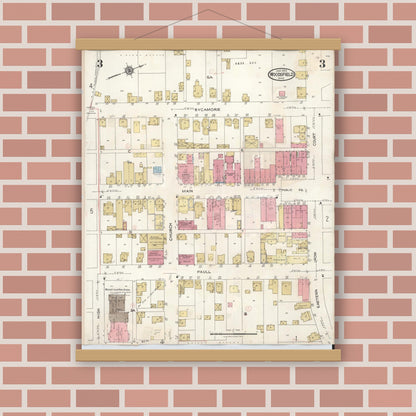 Old map wall art mockup — magnetic wood frame on brick wall — Sanborn Fire Insurance Map from Woodsfield, Monroe County, Ohio (1949), Sheet #0003
