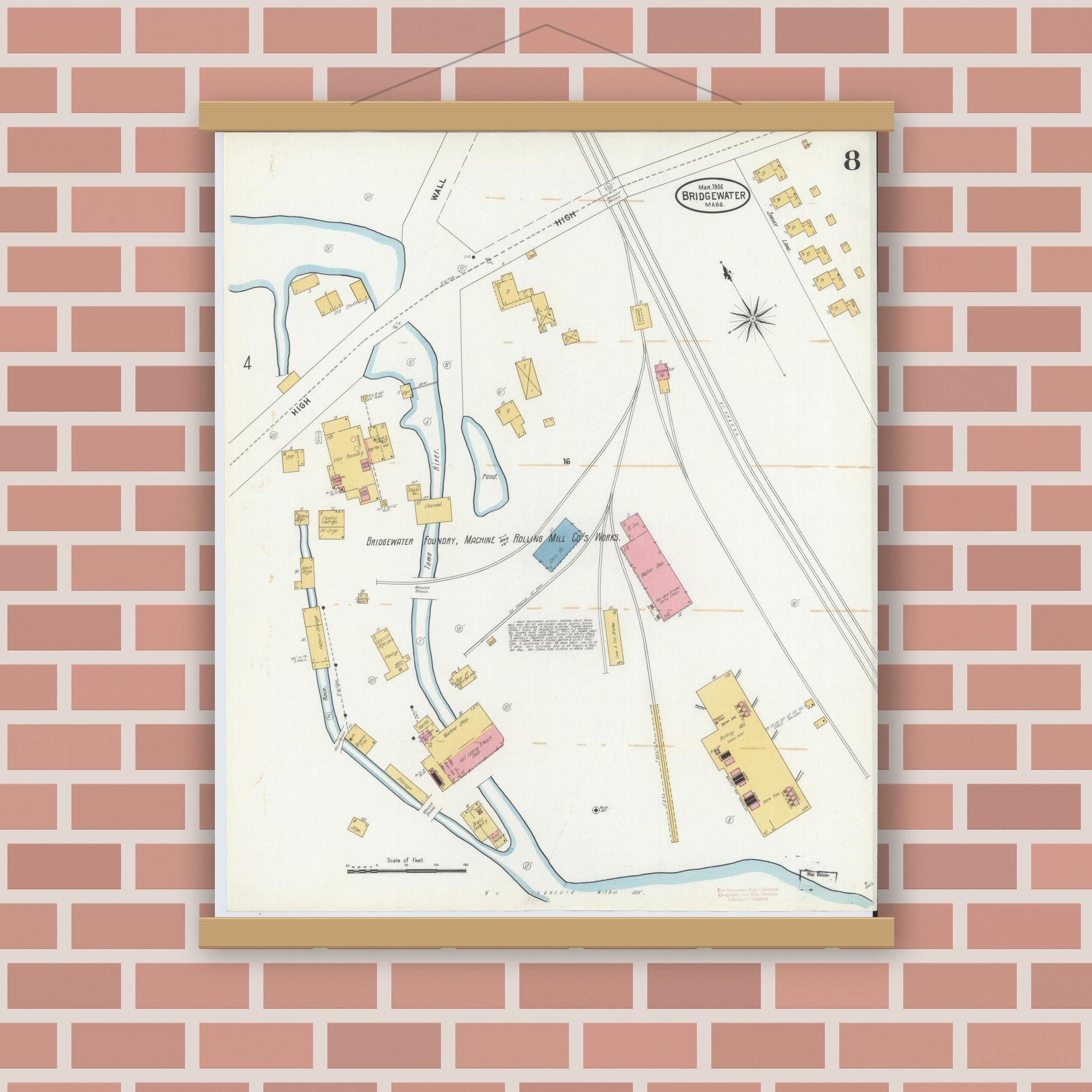Old map wall art mockup — magnetic wood frame on brick wall — Sanborn Fire Insurance Map from Bridgewater, Plymouth County, Massachusetts (1906), Sheet #0008