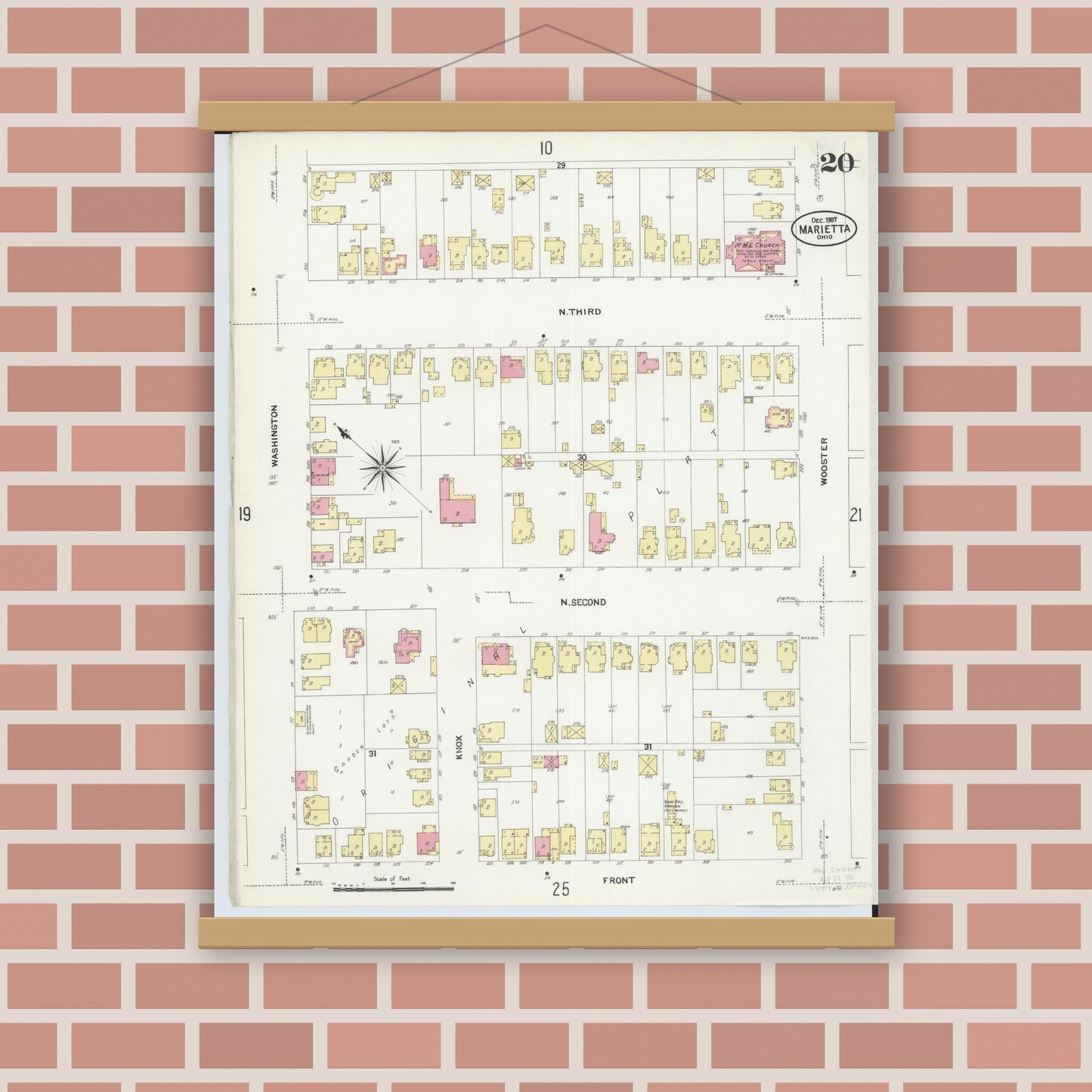Old map wall art mockup — magnetic wood frame on brick wall — Sanborn Fire Insurance Map from Marietta, Washington County, Ohio (1907), Sheet #0020