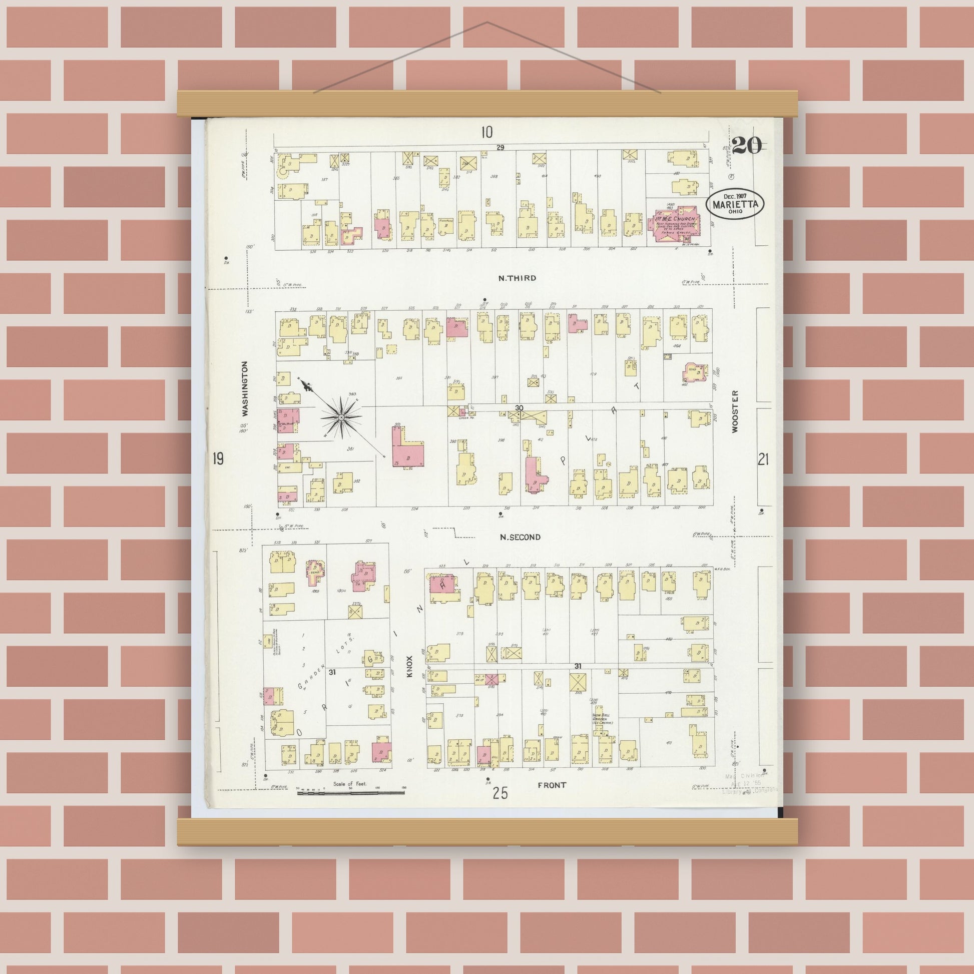 Old map wall art mockup — magnetic wood frame on brick wall — Sanborn Fire Insurance Map from Marietta, Washington County, Ohio (1907), Sheet #0020