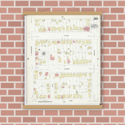 Old map wall art mockup — magnetic wood frame on brick wall — Sanborn Fire Insurance Map from Marietta, Washington County, Ohio (1907), Sheet #0020