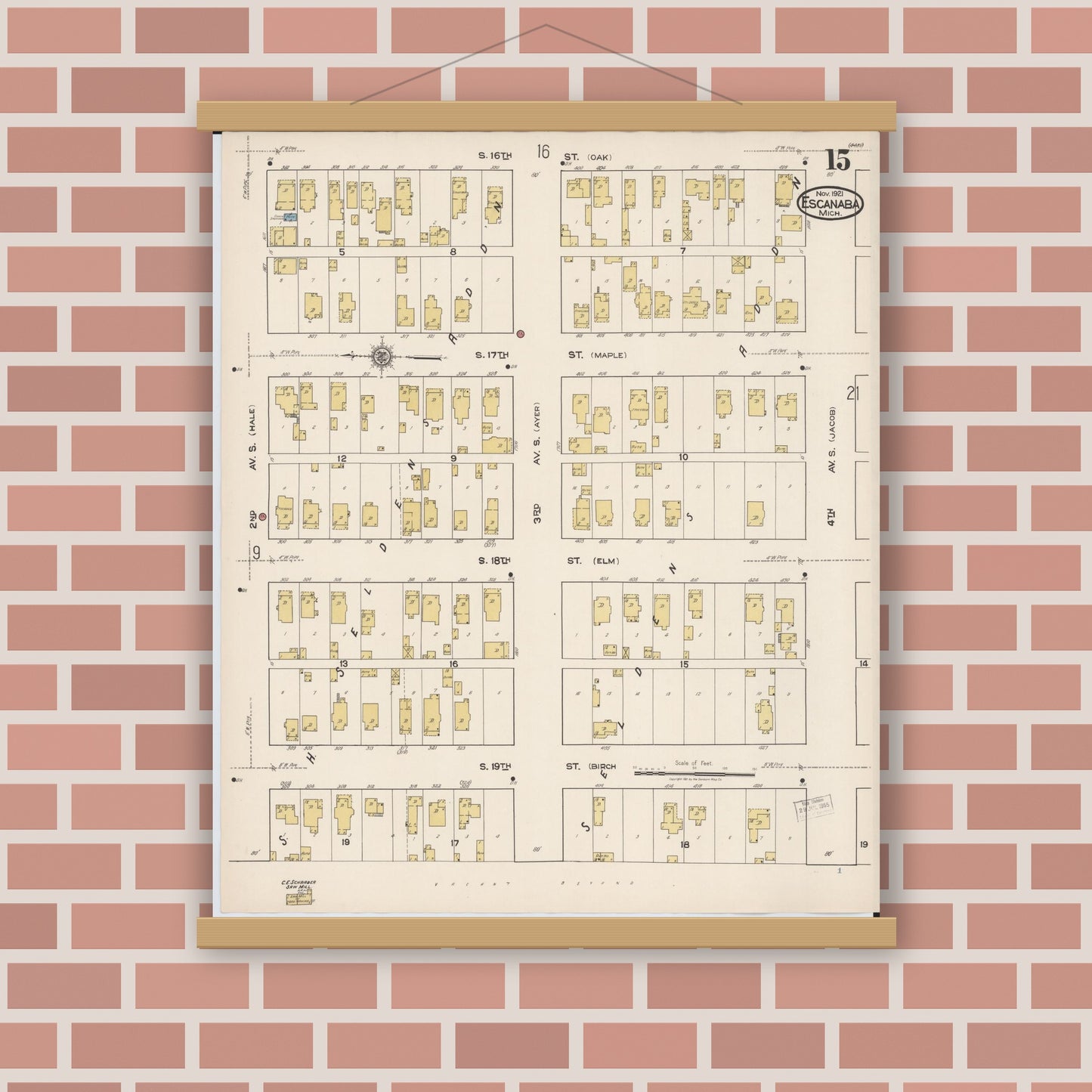 Old map wall art mockup — magnetic wood frame on brick wall — Sanborn Fire Insurance Map from Escanaba, Delta County, Michigan (1921), Sheet #0015