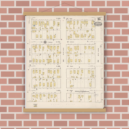 Old map wall art mockup — magnetic wood frame on brick wall — Sanborn Fire Insurance Map from Escanaba, Delta County, Michigan (1921), Sheet #0015