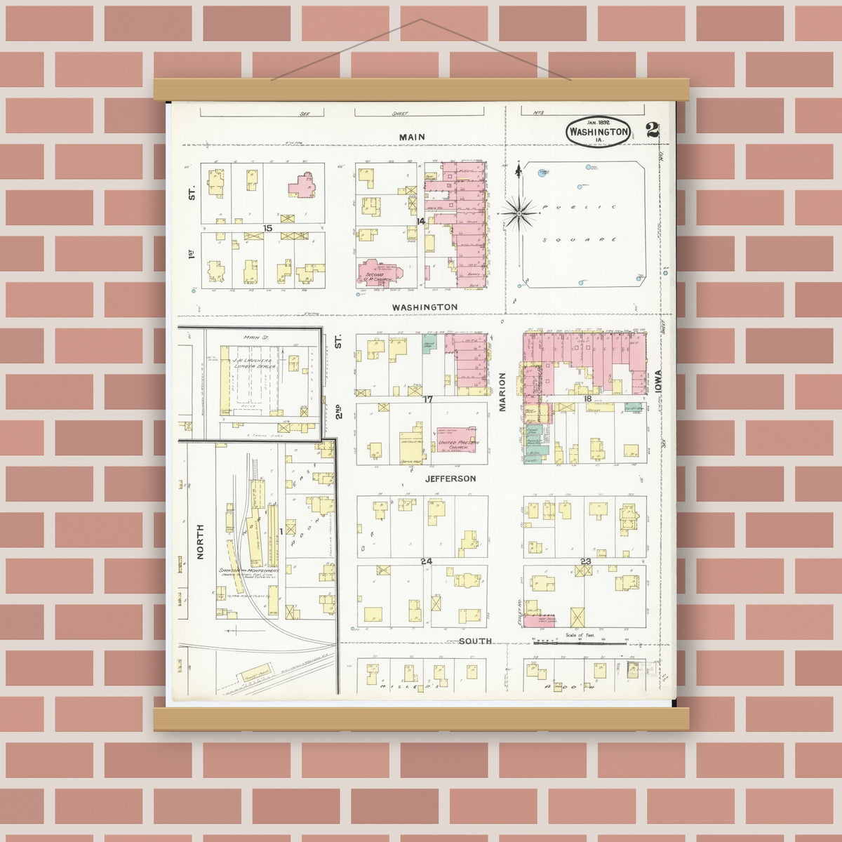 Old map wall art mockup — magnetic wood frame on brick wall — Sanborn Fire Insurance Map from Washington, Washington County, Iowa (1892), Sheet #0002