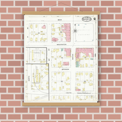 Old map wall art mockup — magnetic wood frame on brick wall — Sanborn Fire Insurance Map from Washington, Washington County, Iowa (1892), Sheet #0002