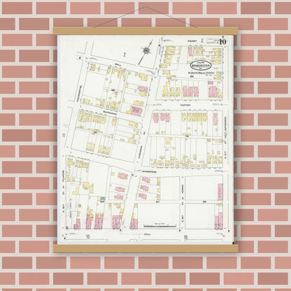 Old map wall art mockup — magnetic wood frame on brick wall — Sanborn Fire Insurance Map from Manchester, Chesterfield County, Virginia (1910), Sheet #0010