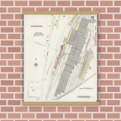 Old map wall art mockup — magnetic wood frame on brick wall — Sanborn Fire Insurance Map from Butler, Butler County, Pennsylvania (1906), Sheet #0033