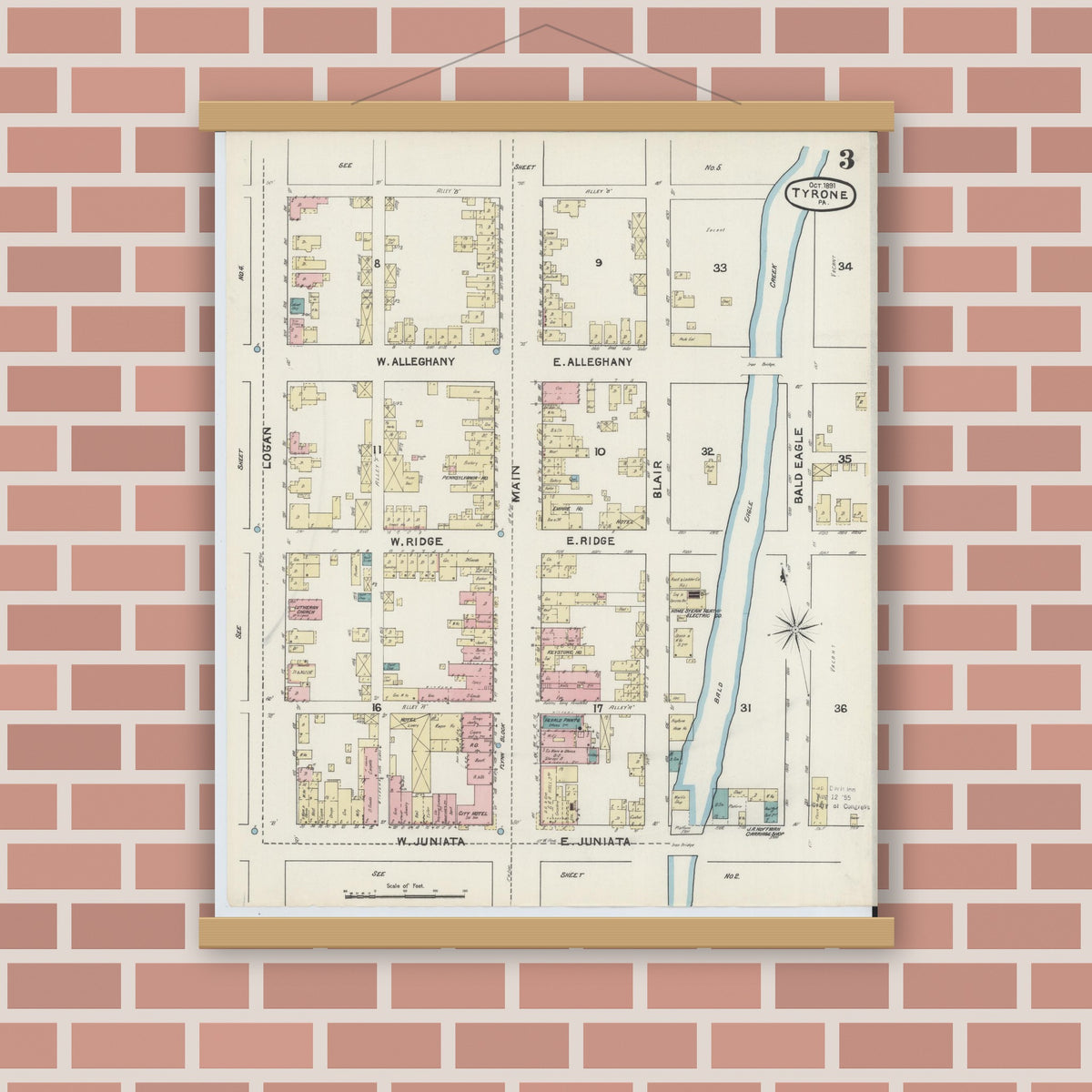 Old map wall art mockup — magnetic wood frame on brick wall — Sanborn Fire Insurance Map from Tyrone, Blair County, Pennsylvania (1891), Sheet #0003
