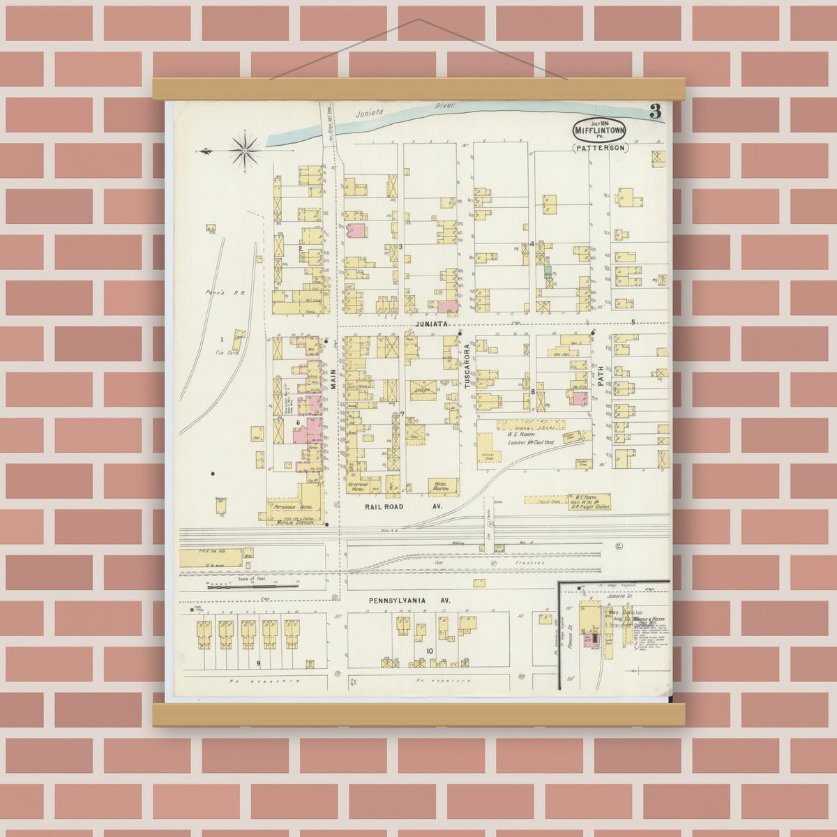 Old map wall art mockup — magnetic wood frame on brick wall — Sanborn Fire Insurance Map from Mifflintown, Juniata County, Pennsylvania (1896), Sheet #0003