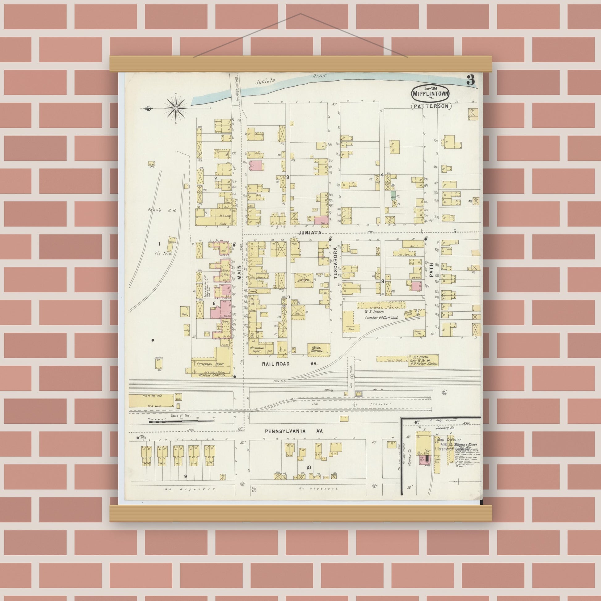 Old map wall art mockup — magnetic wood frame on brick wall — Sanborn Fire Insurance Map from Mifflintown, Juniata County, Pennsylvania (1896), Sheet #0003