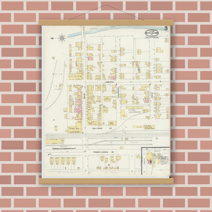 Old map wall art mockup — magnetic wood frame on brick wall — Sanborn Fire Insurance Map from Mifflintown, Juniata County, Pennsylvania (1896), Sheet #0003
