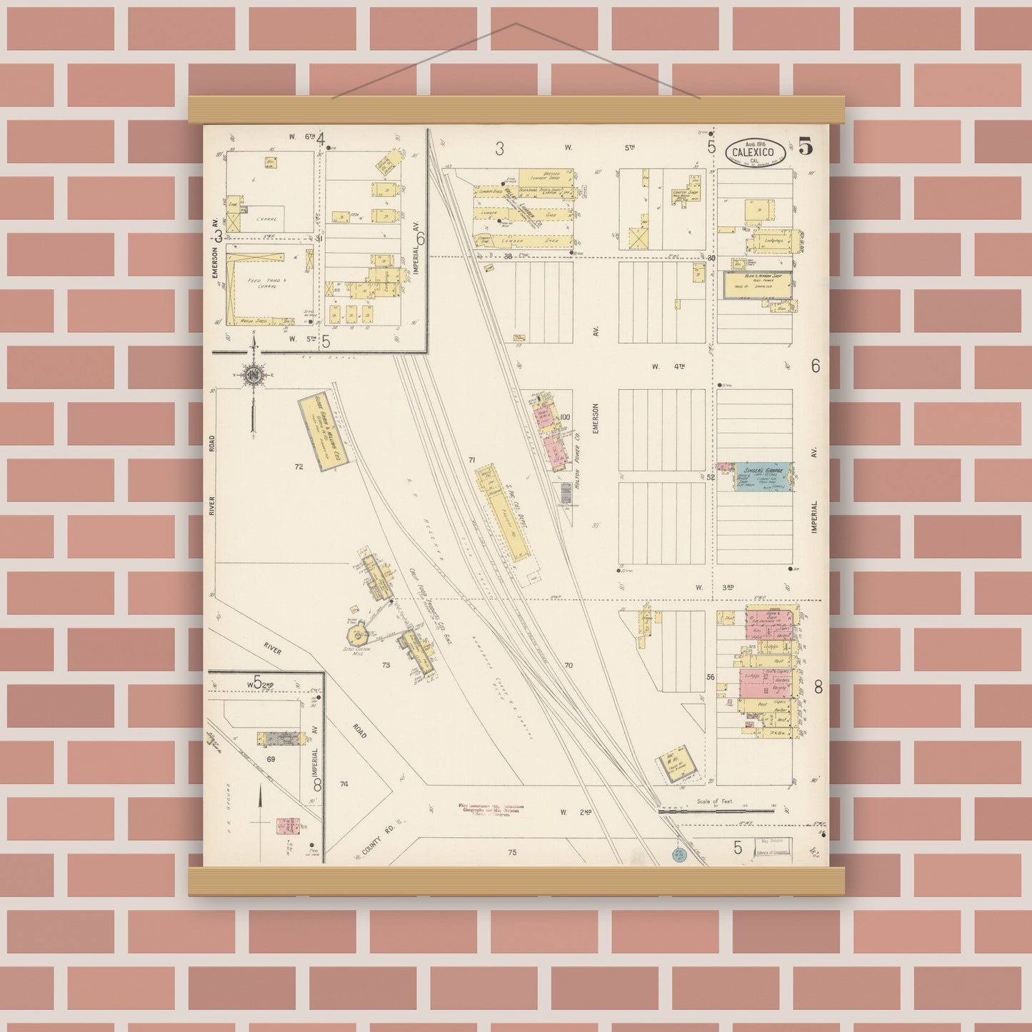 Old map wall art mockup — magnetic wood frame on brick wall — Sanborn Fire Insurance Map from Calexico, Imperial County, California (1916), Sheet #0005