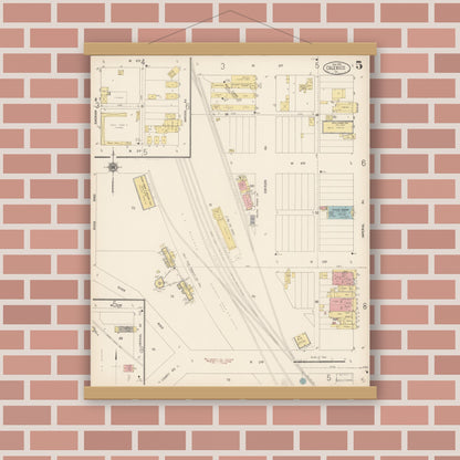Old map wall art mockup — magnetic wood frame on brick wall — Sanborn Fire Insurance Map from Calexico, Imperial County, California (1916), Sheet #0005