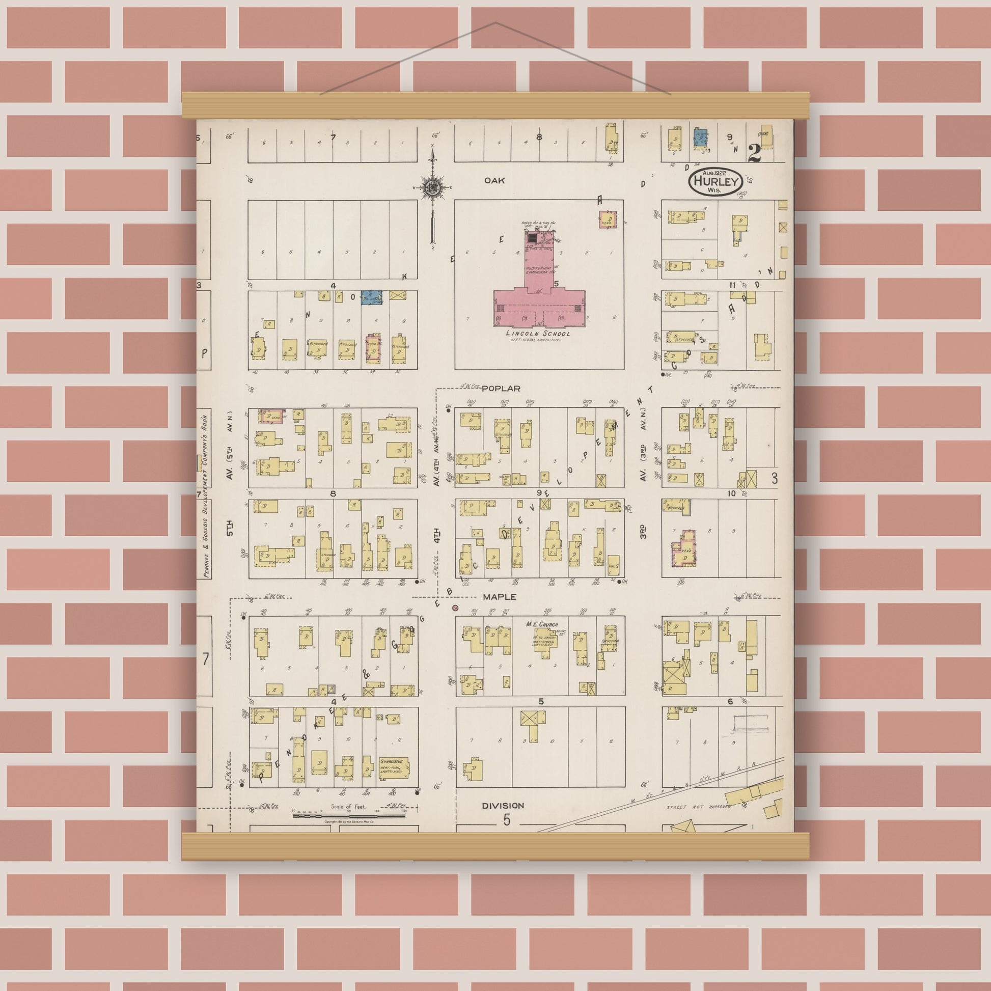 Old map wall art mockup — magnetic wood frame on brick wall — Sanborn Fire Insurance Map from Hurley, Iron County, Wisconsin (1922), Sheet #0002