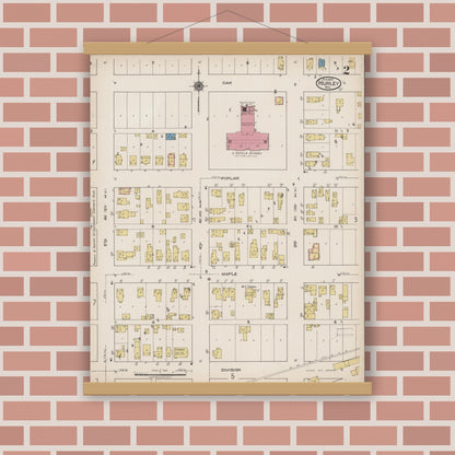 Old map wall art mockup — magnetic wood frame on brick wall — Sanborn Fire Insurance Map from Hurley, Iron County, Wisconsin (1922), Sheet #0002