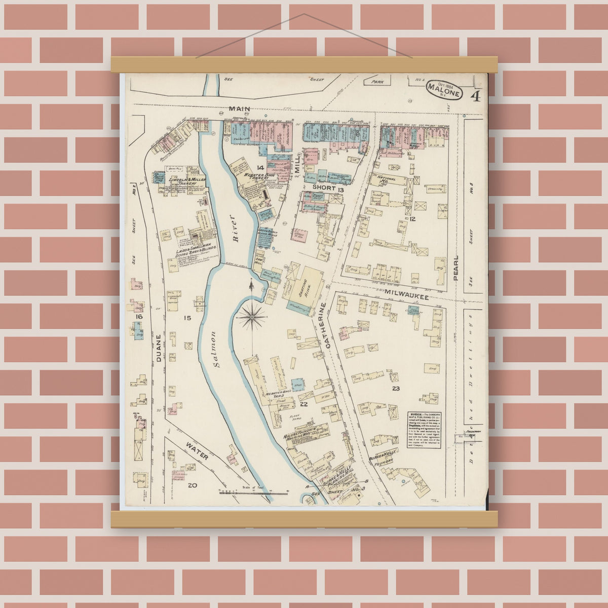 Old map wall art mockup — magnetic wood frame on brick wall — Sanborn Fire Insurance Map from Malone, Franklin County, New York (1884), Sheet #0004