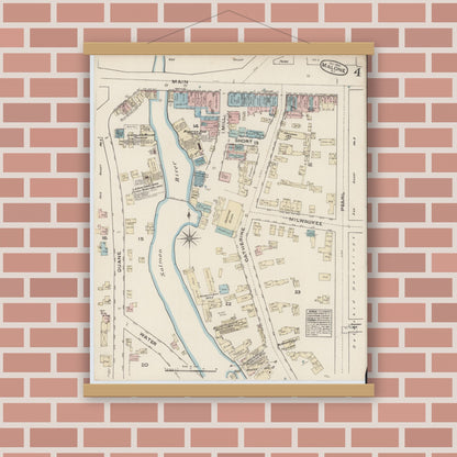 Old map wall art mockup — magnetic wood frame on brick wall — Sanborn Fire Insurance Map from Malone, Franklin County, New York (1884), Sheet #0004