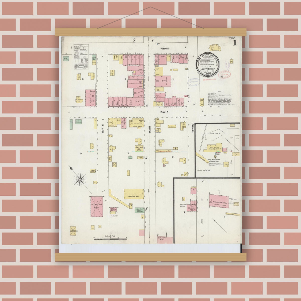 Old map wall art mockup — magnetic wood frame on brick wall — Sanborn Fire Insurance Map from Burlington, Alamance County, North Carolina (1898) - Complete Map Set