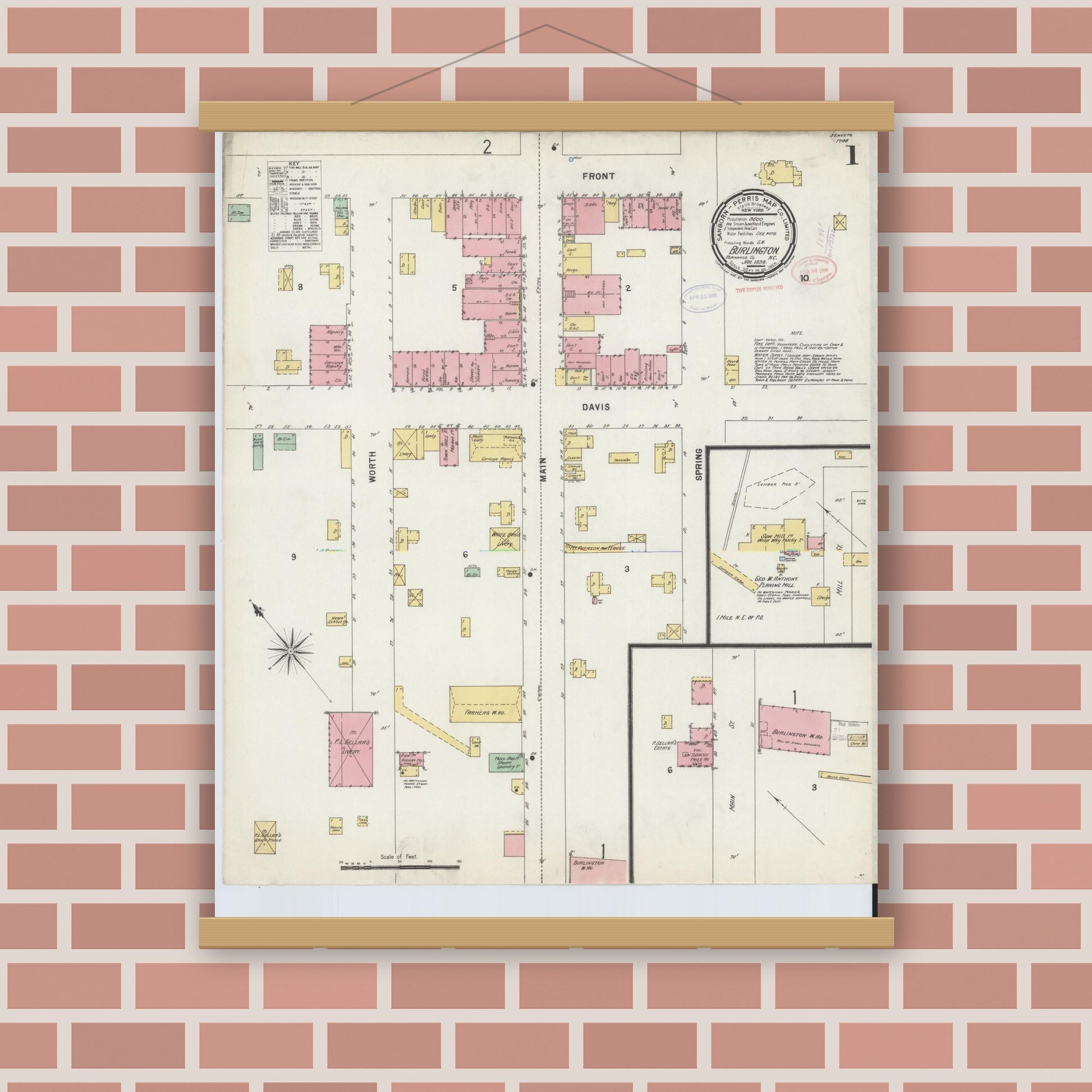 Old map wall art mockup — magnetic wood frame on brick wall — Sanborn Fire Insurance Map from Burlington, Alamance County, North Carolina (1898) - Complete Map Set