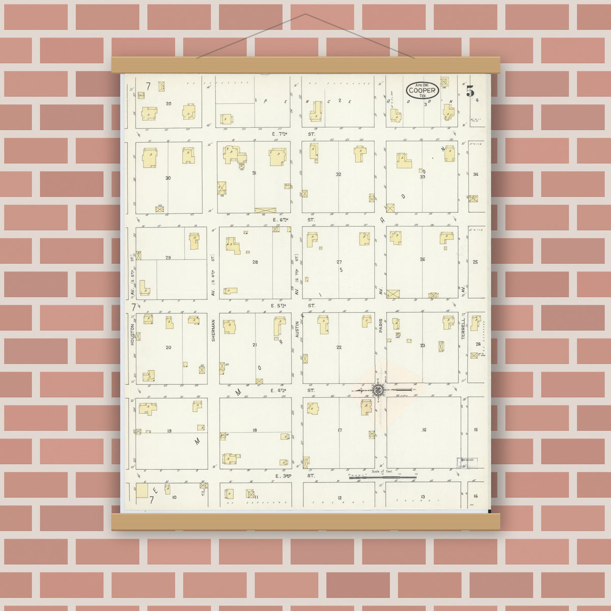 Old map wall art mockup — magnetic wood frame on brick wall — Sanborn Fire Insurance Map from Cooper, Delta County, Texas (1914), Sheet #0005