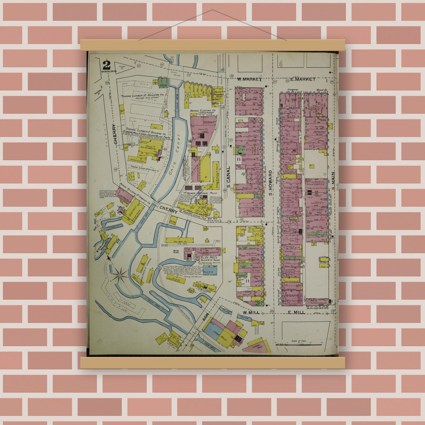 Old map wall art mockup — magnetic wood frame on brick wall — Sanborn Fire Insurance Map from Akron, Summit County, Ohio (1892), Sheet #0002