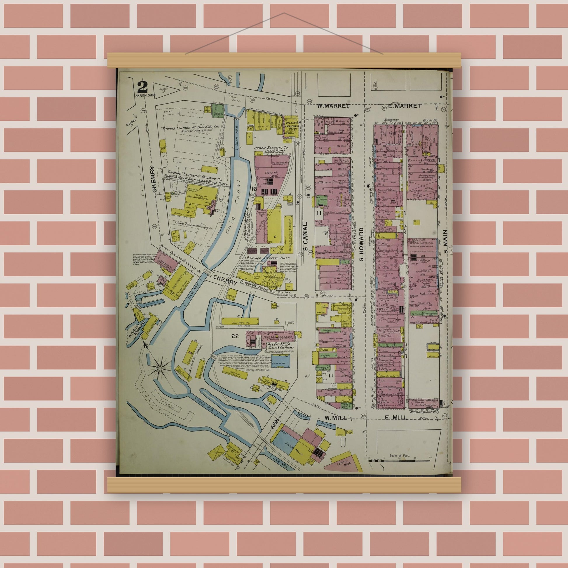 Old map wall art mockup — magnetic wood frame on brick wall — Sanborn Fire Insurance Map from Akron, Summit County, Ohio (1892), Sheet #0002