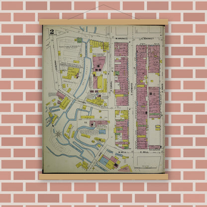 Old map wall art mockup — magnetic wood frame on brick wall — Sanborn Fire Insurance Map from Akron, Summit County, Ohio (1892), Sheet #0002