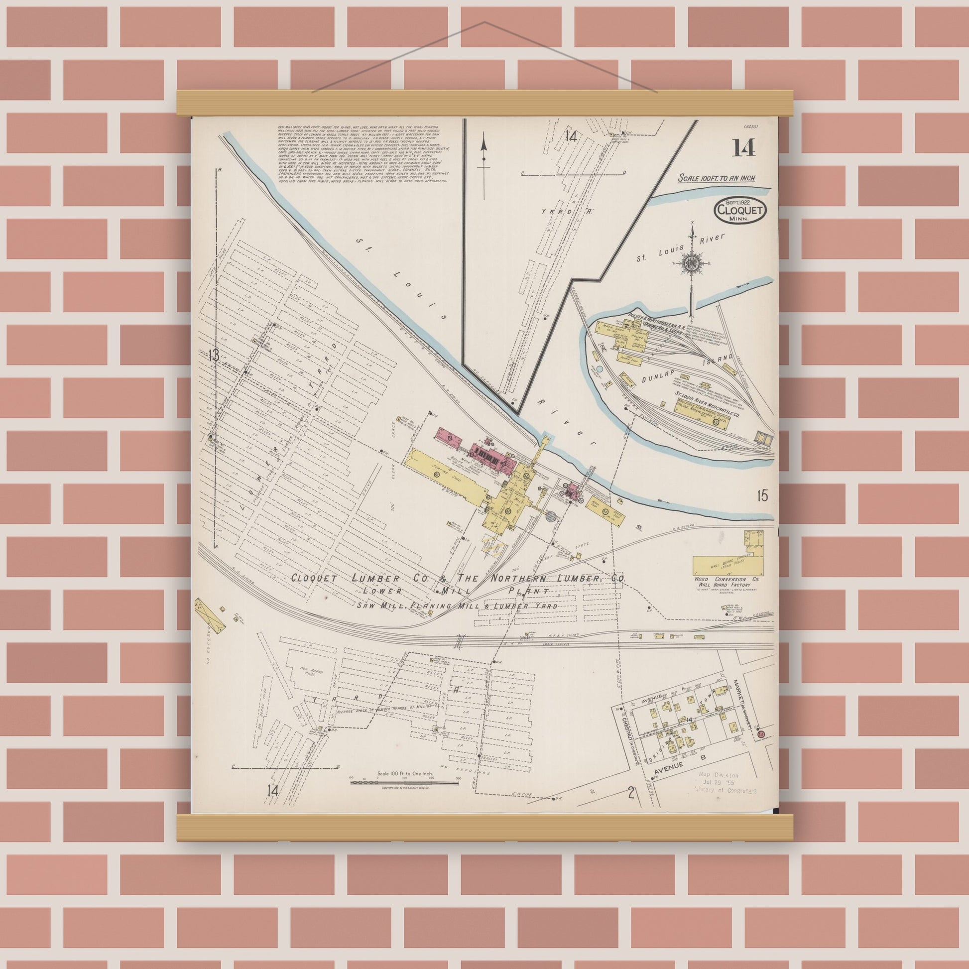 Old map wall art mockup — magnetic wood frame on brick wall — Sanborn Fire Insurance Map from Cloquet, Carlton County, Minnesota (1922), Sheet #0014