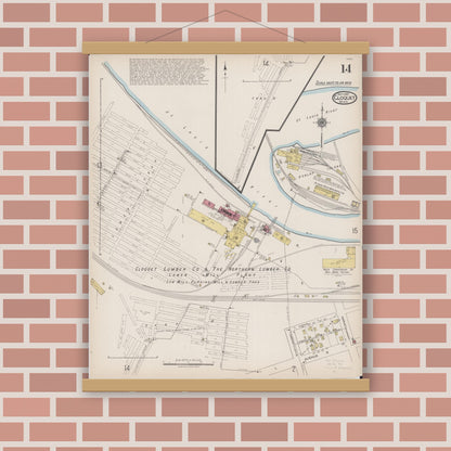 Old map wall art mockup — magnetic wood frame on brick wall — Sanborn Fire Insurance Map from Cloquet, Carlton County, Minnesota (1922), Sheet #0014