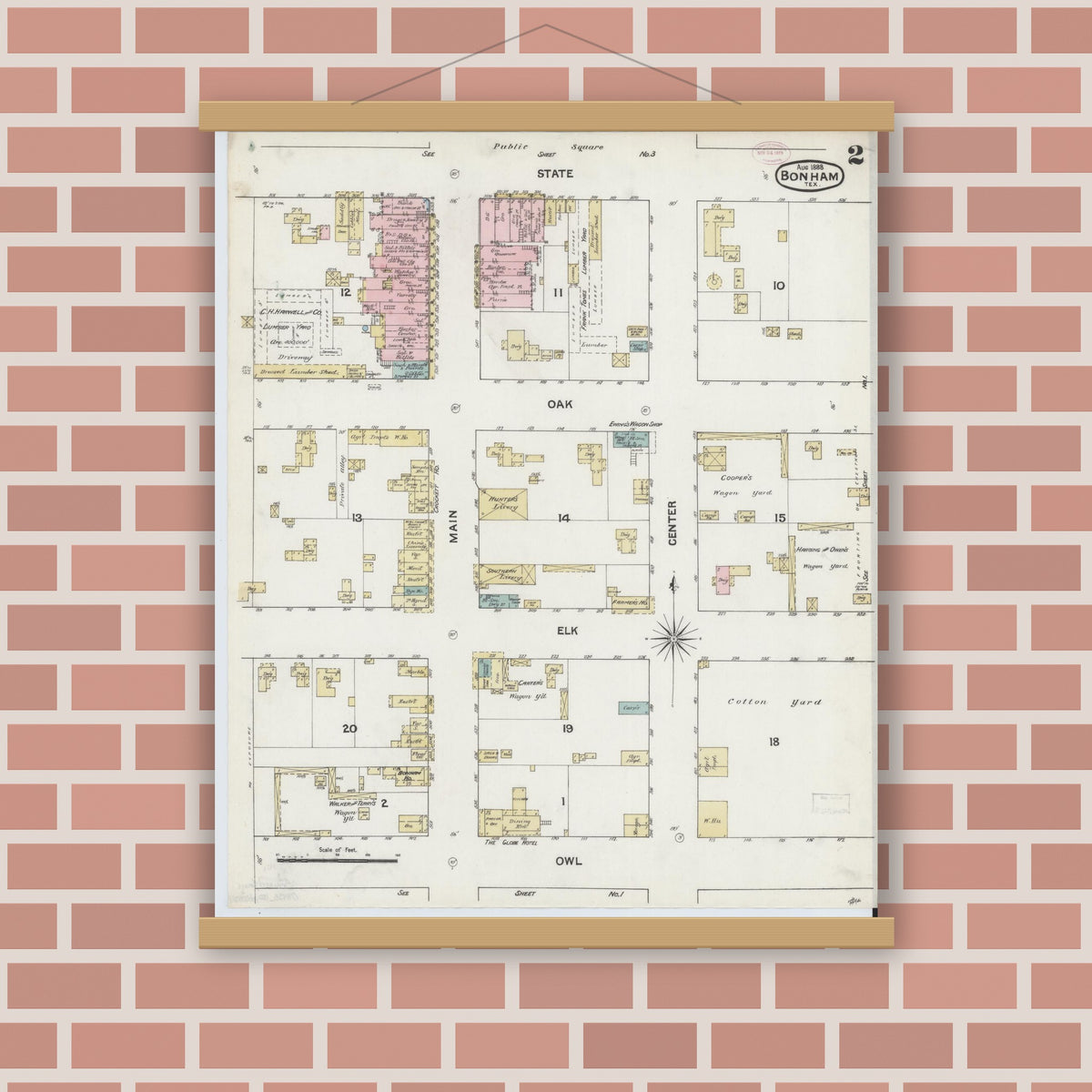 Old map wall art mockup — magnetic wood frame on brick wall — Sanborn Fire Insurance Map from Bonham, Fannin County, Texas (1888), Sheet #0002