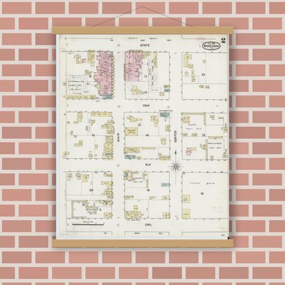Old map wall art mockup — magnetic wood frame on brick wall — Sanborn Fire Insurance Map from Bonham, Fannin County, Texas (1888), Sheet #0002