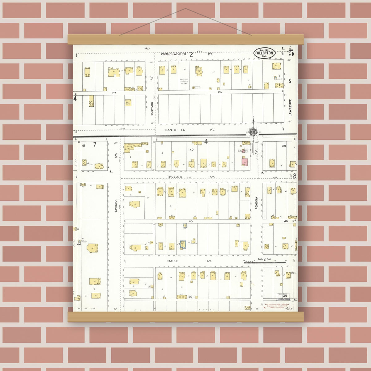 Old map wall art mockup — magnetic wood frame on brick wall — Sanborn Fire Insurance Map from Fullerton, Orange County, California (1911), Sheet #0005