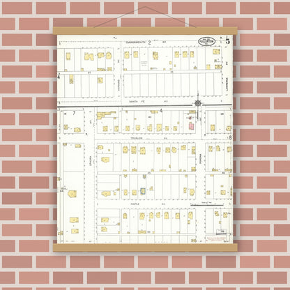 Old map wall art mockup — magnetic wood frame on brick wall — Sanborn Fire Insurance Map from Fullerton, Orange County, California (1911), Sheet #0005