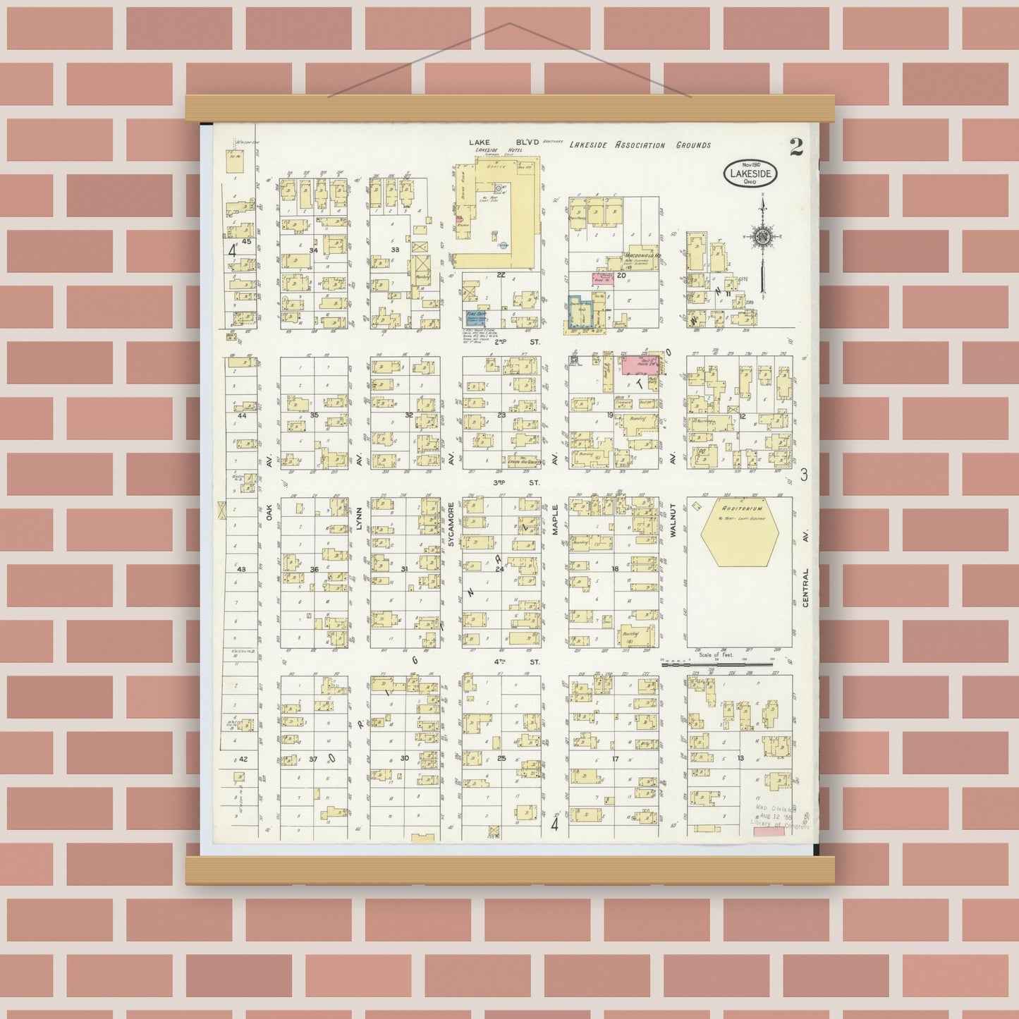 Old map wall art mockup — magnetic wood frame on brick wall — Sanborn Fire Insurance Map from Lakeside, Ottawa County, Ohio (1910), Sheet #0002