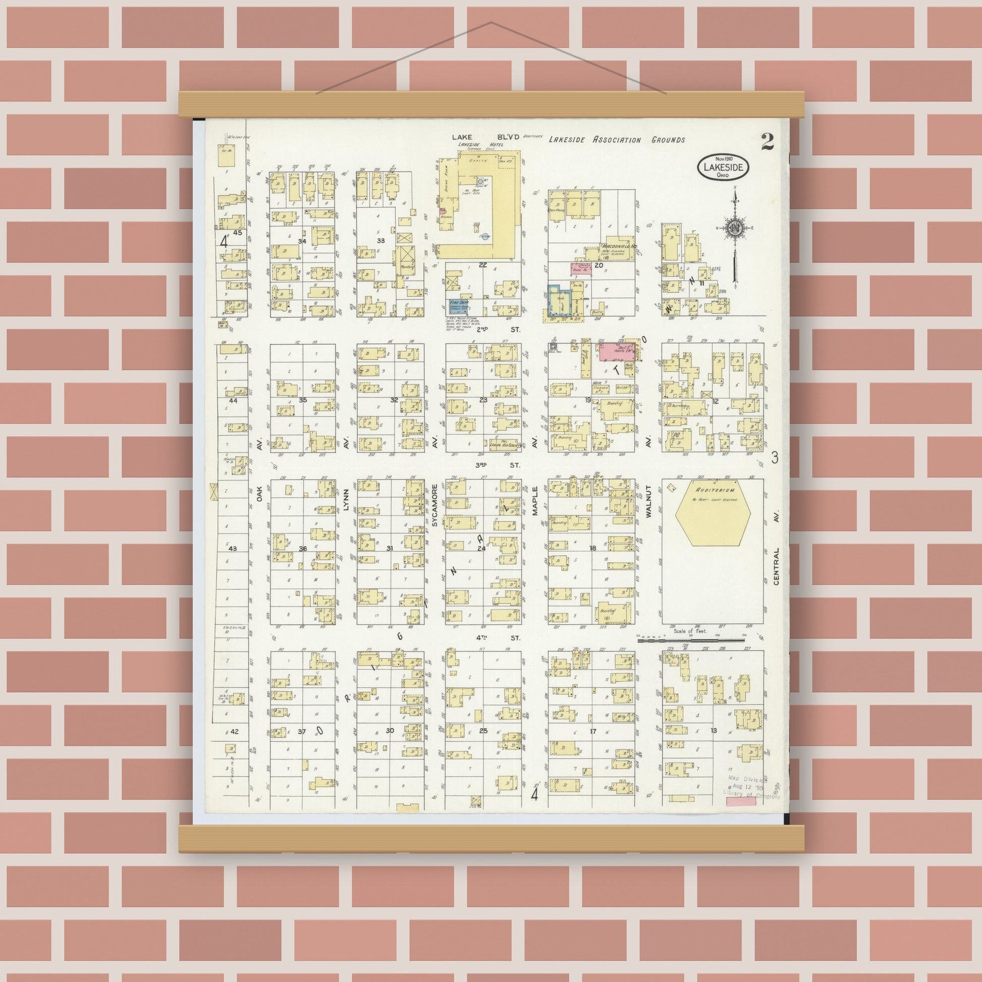 Old map wall art mockup — magnetic wood frame on brick wall — Sanborn Fire Insurance Map from Lakeside, Ottawa County, Ohio (1910), Sheet #0002
