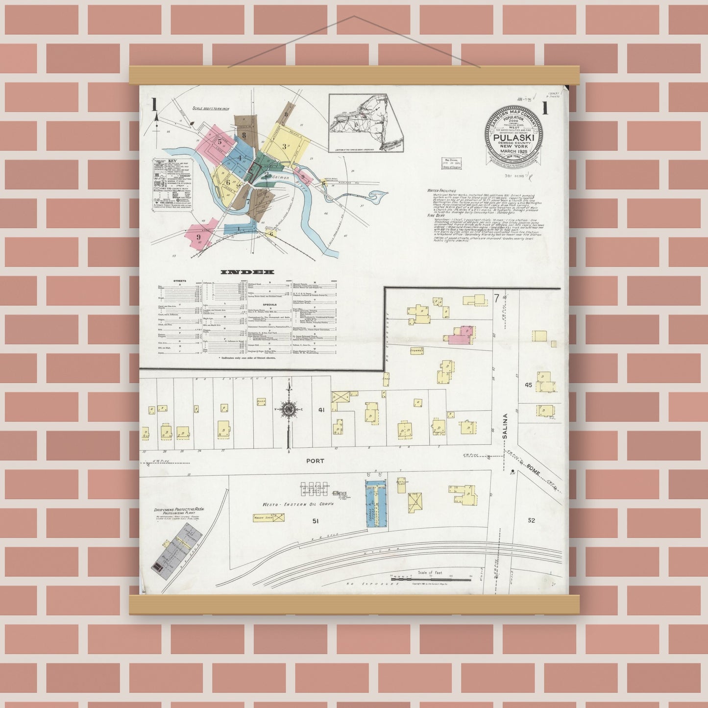 Old map wall art mockup — magnetic wood frame on brick wall — Sanborn Fire Insurance Map from Pulaski, Oswego County, New York (1925) - Complete Map Set