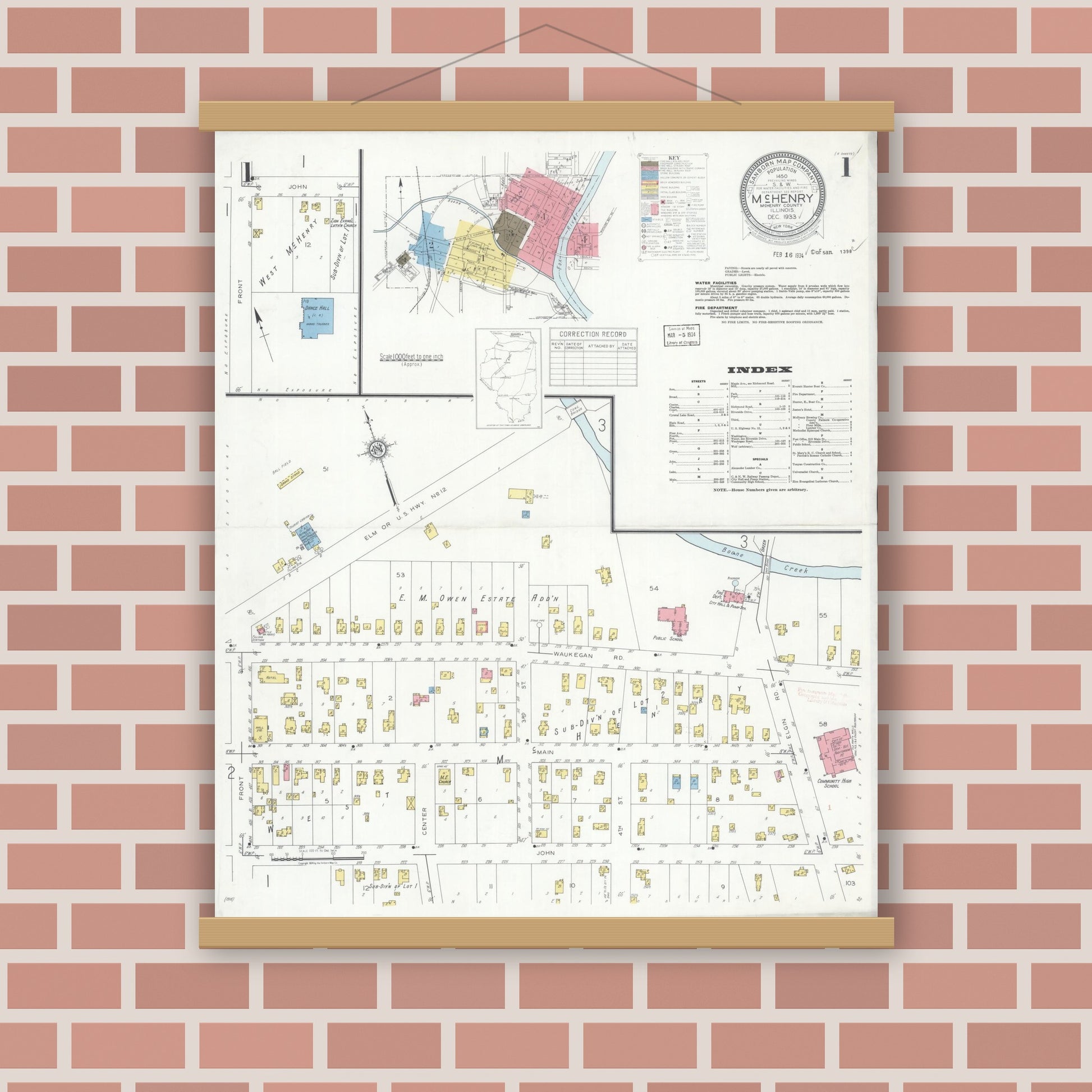 Old map wall art mockup — magnetic wood frame on brick wall — Sanborn Fire Insurance Map from McHenry, McHenry County, Illinois (1933) - Complete Map Set