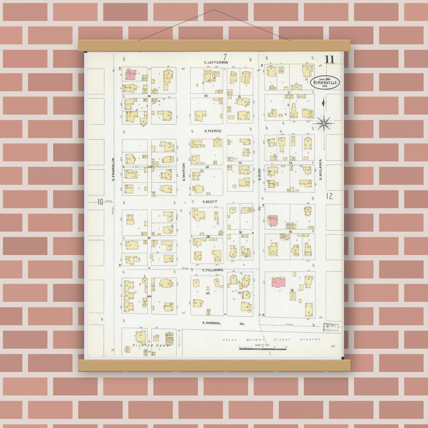 Old map wall art mockup — magnetic wood frame on brick wall — Sanborn Fire Insurance Map from Kirksville, Adair County, Missouri (1906), Sheet #0011